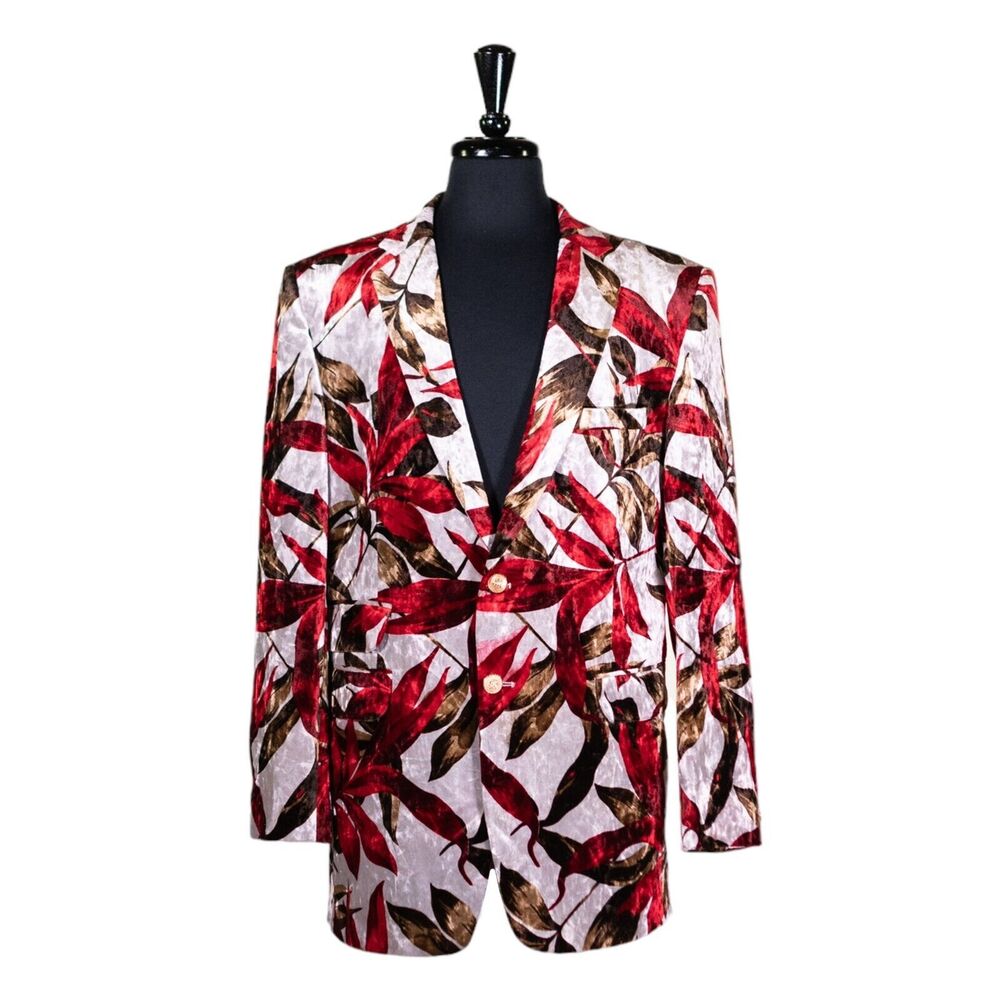Mens Blazer Red White Floral Velvet Luxury Dress Formal Jacket Sport Coat 42R